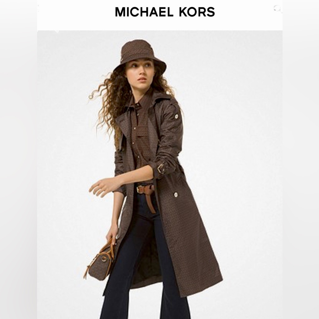 Nwt Mk Michael Kors Signature Mk Logo Trench Coat Jacket, Chocolate & Gold Sz:M